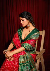 Red Velvet Tusser Silk  Aari work Saree